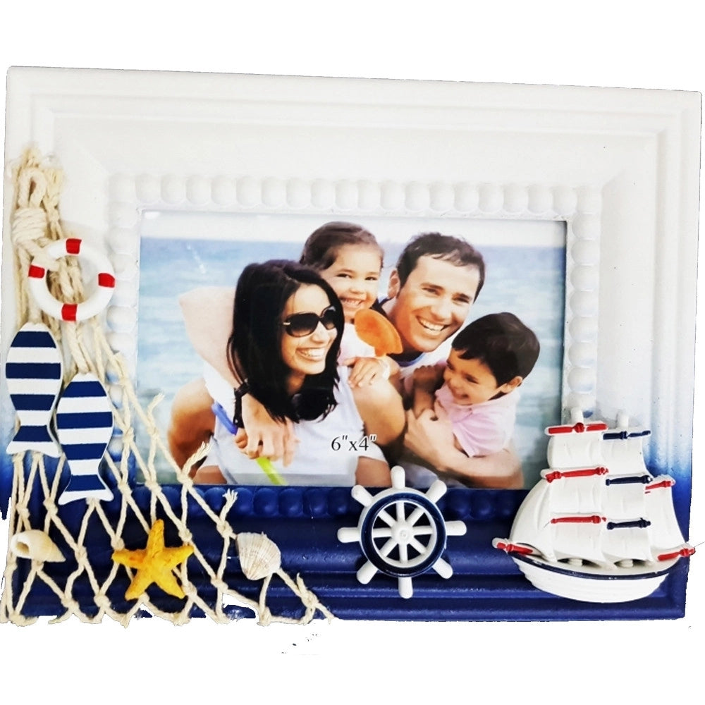 Trade Shop - Cornice Rete Portafoto Timone Mare Blu Bianco Fotografie Decorazione Casa Uffici -