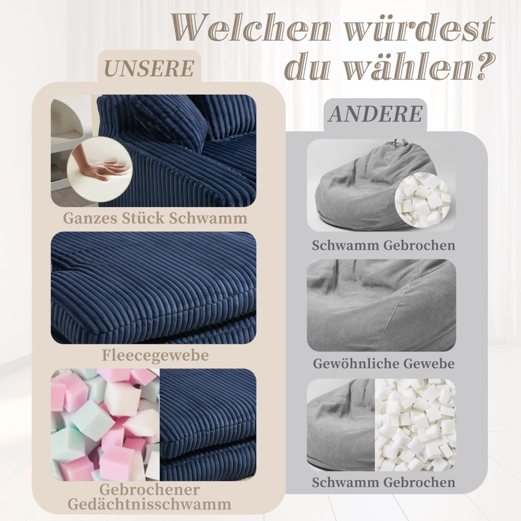 OKWISH Chaise Longue in Velluto a Coste, Design Ergonomico con 3 Cuscini e Seduta a Pavimento, Blu Navy 125 x 155 x 63 cm
