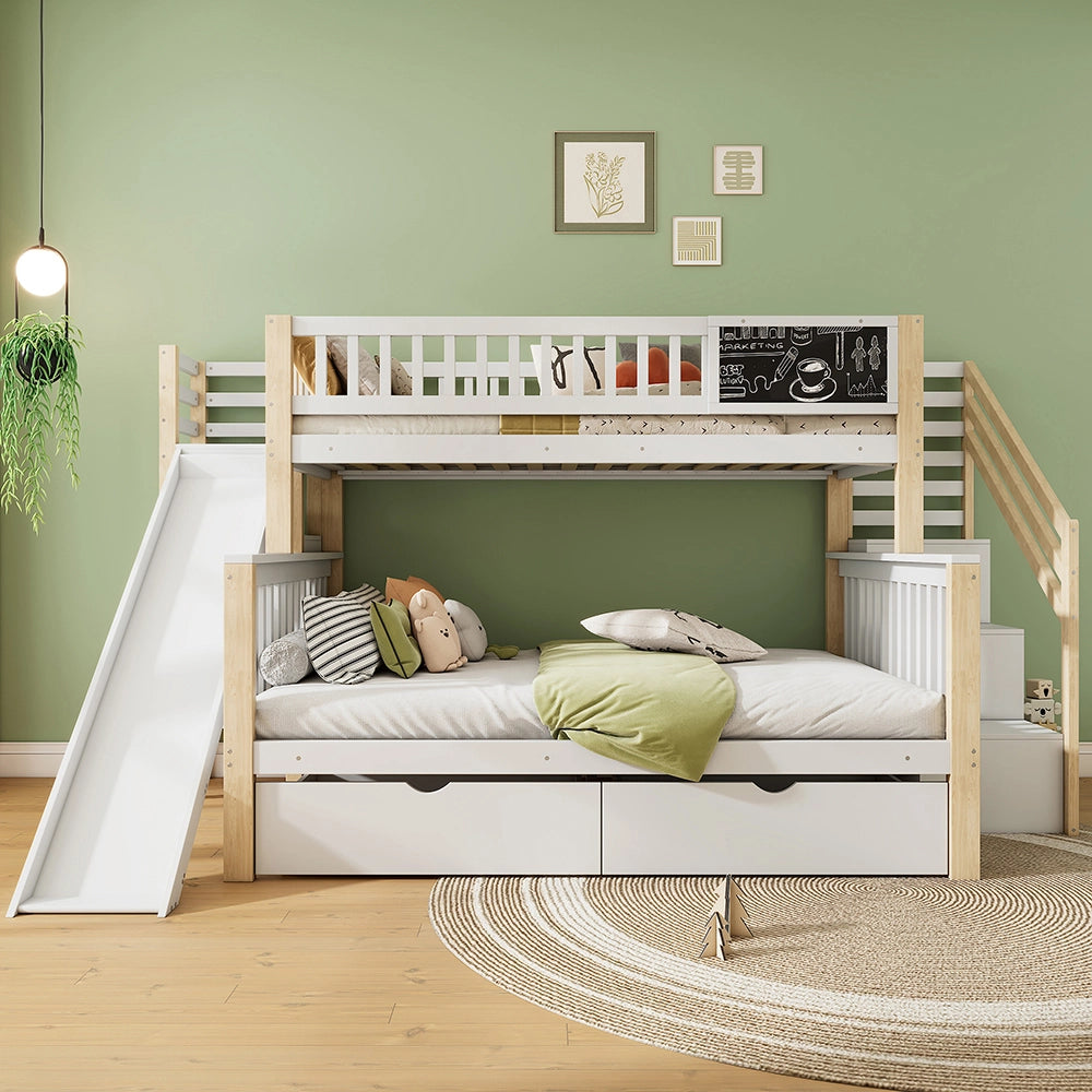 Letto a castello per bambini - Xylo - 140x200 cm e 90x200 cm - Bianco - Multifunzionale con lavagna