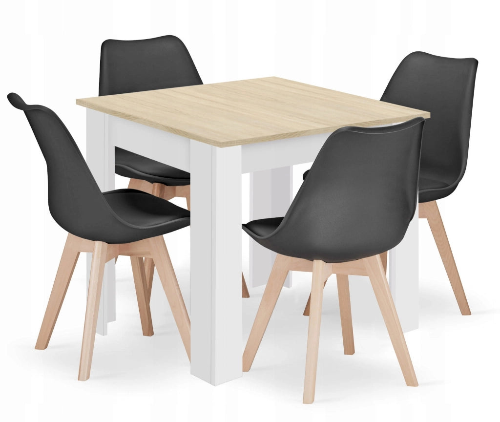 Tavolo quadrato VALORA con 4 sedie RIXK nere - Rovere Sonoma 80x80