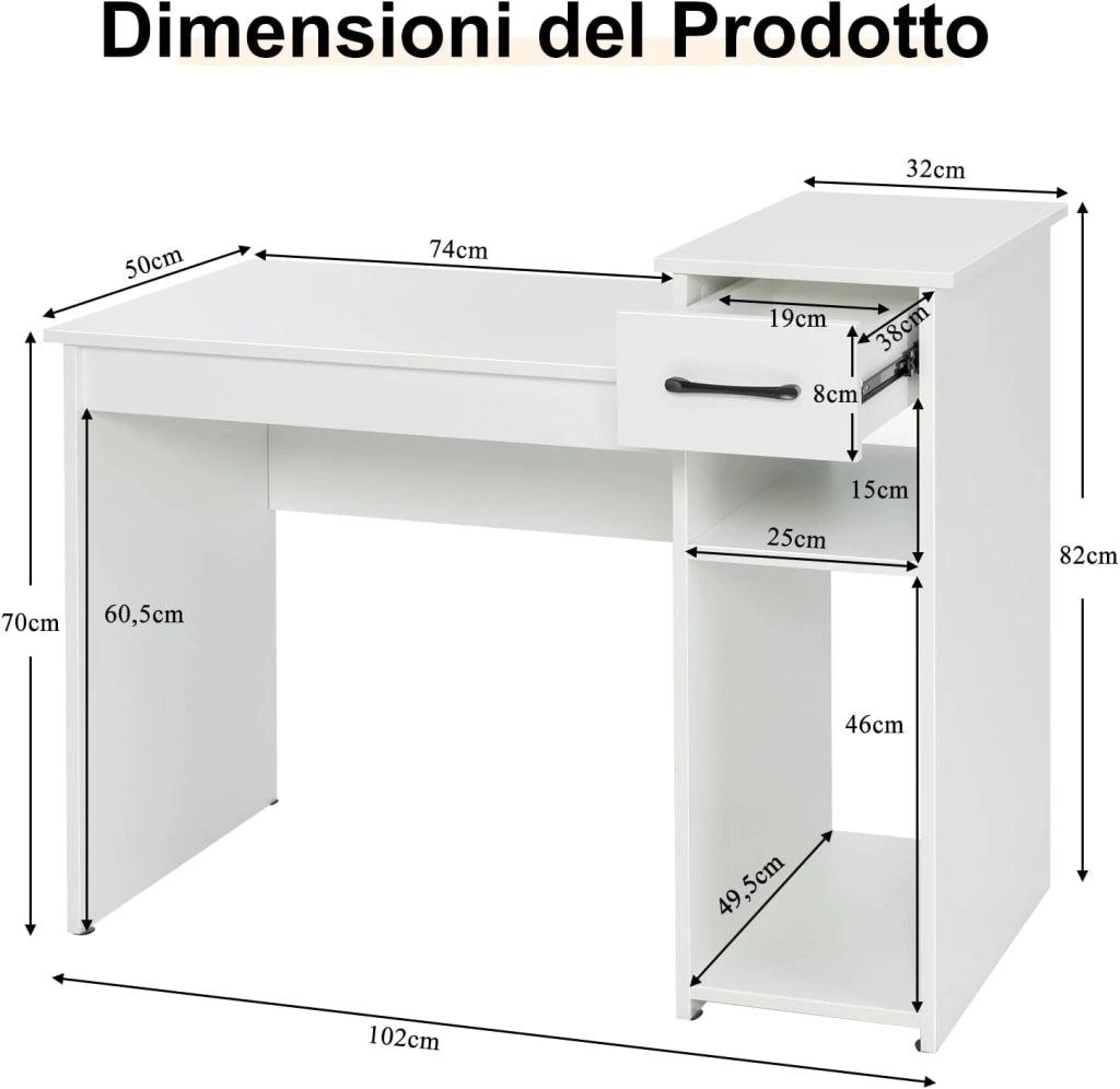 Scrivania con Cassetto, Scrivania da Computer, Tavolo da ufficio, 104 x 50 x 82cm (Bianco)