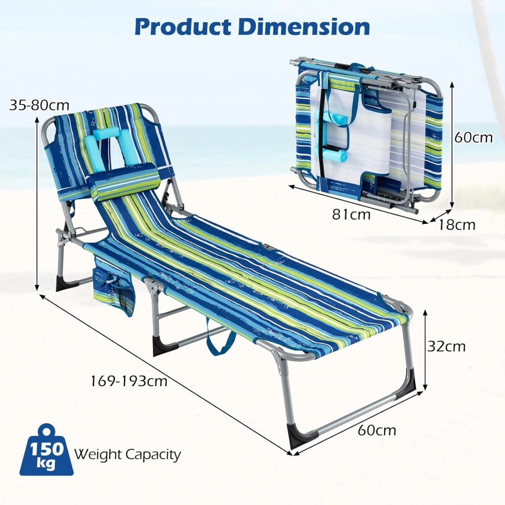 Sole pieghevole, schienale regolabile in 4 posizioni, sedia reclinabile da spiaggia, poggiatesta rimovibile e fori per il viso e il braccio, lettino per piscina, 169-193 x 60 x 35-80 cm