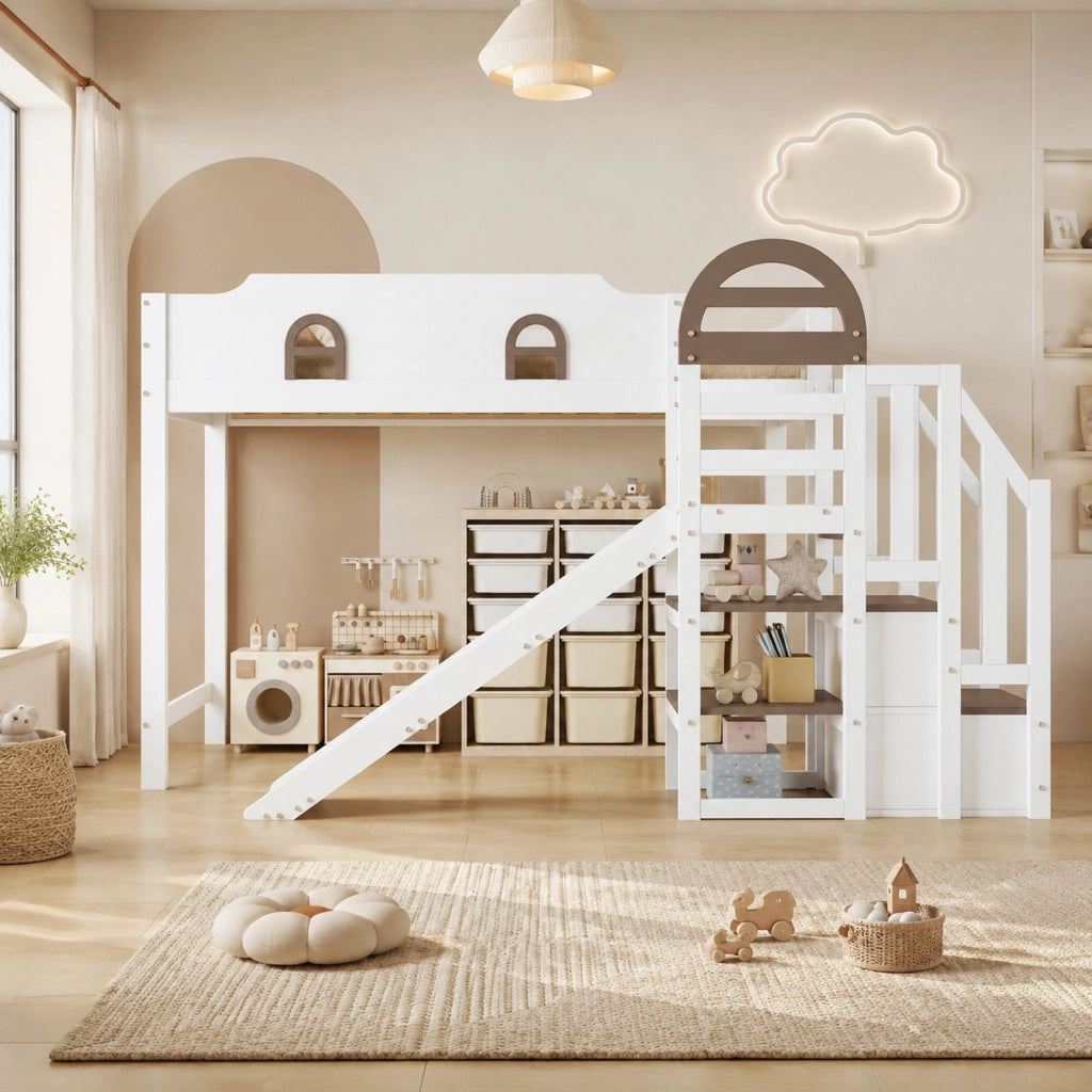 LETTO A CASTELLO CON FINESTRE E SCIVOLO 90 x 200 CM BIANCO