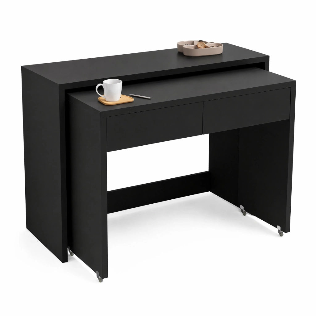 Scrivania pieghevole 2 in 1 con ruote e 2 cassetti, 110×40×78 cm, colore nero