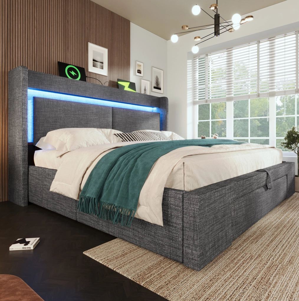 Letto contenitore ULEVR 180x200 cm con vano idraulico, LED, USB e USB-C, testiera con scomparti, grigio