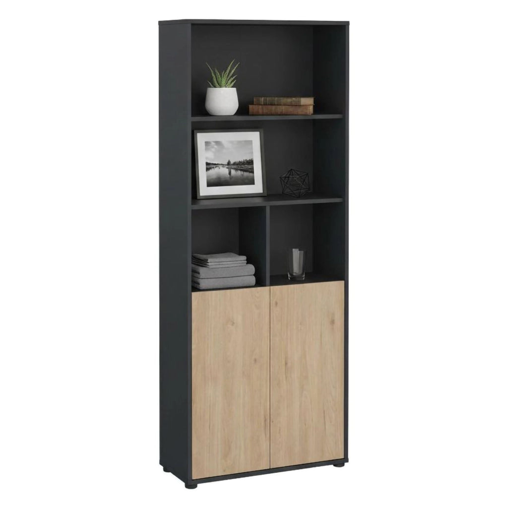Libreria Arancio, Scaffale da ufficio, Mobile portalibri, Biblioteca, 80x34 h205 cm, Rovere e Grigio