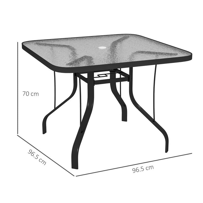 TAVOLO DA GIARDINO QUADRATO A 4 POSTI CON PIANO IN VETRO E FORO PER OMBRELLONE Ø 54 MM NERO