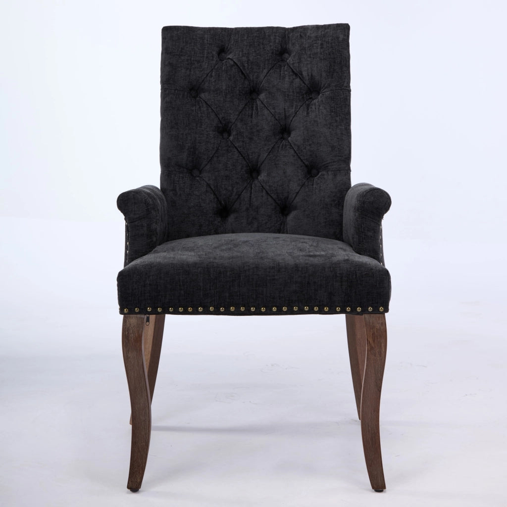 Sedia da pranzo, venduta singolarmente, tessuto chenille, gambe in legno massello, con braccioli, nero