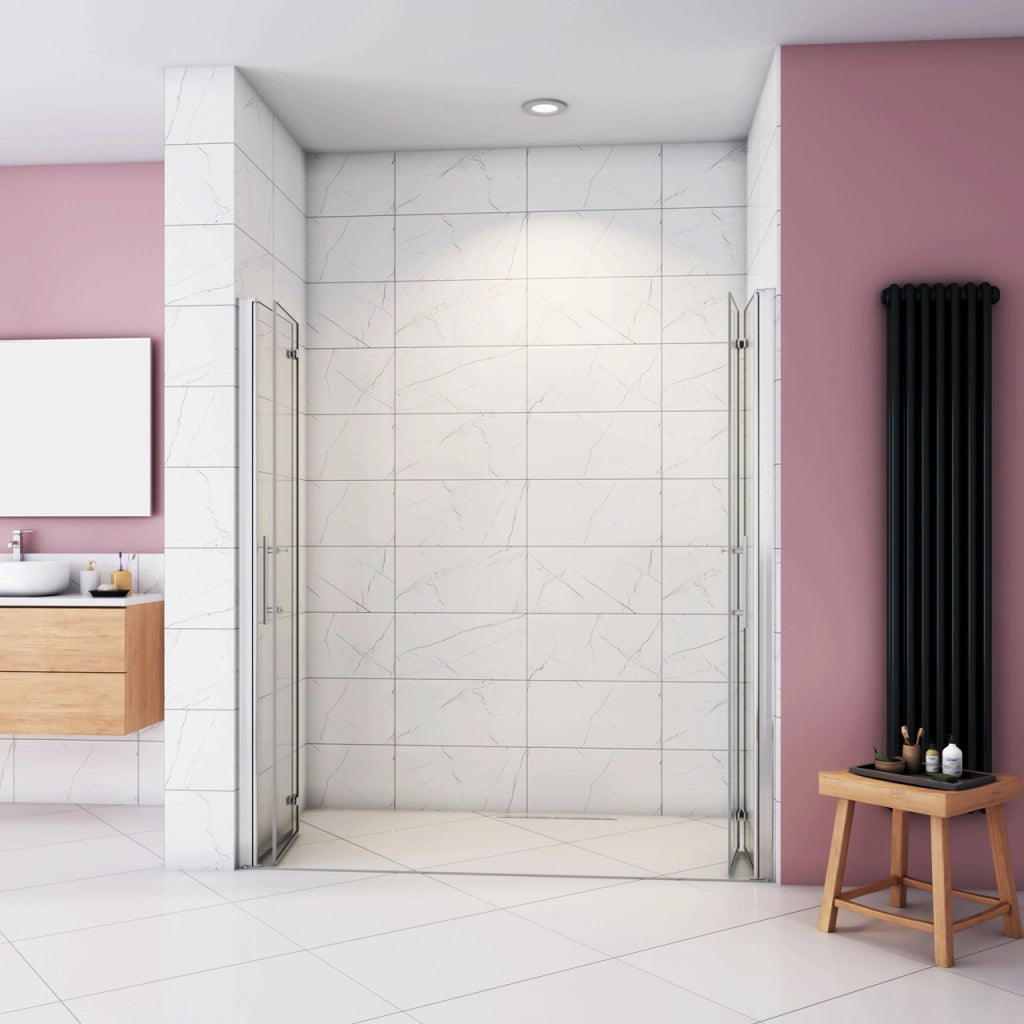 Box Doccia in Linea per Nicchia 185 cm Doppia Porta Battente 4 Ante Pieghevoli Saloon Vetro Temperato 6 mm Anticalcare 160 cm (76+90: 1578-1618 mm)