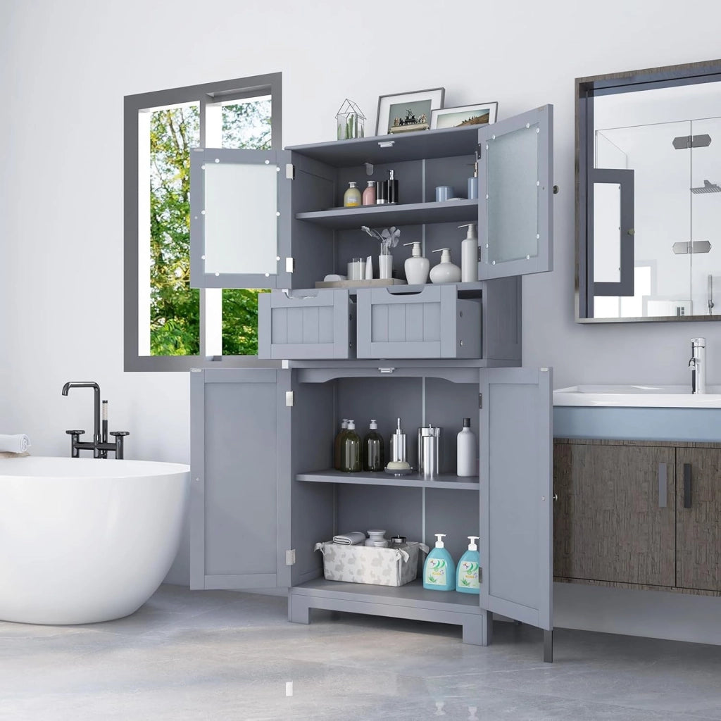 Mobile Bagno con 4 Ante + 2 Cassetti, Armadietto Multifunzione Salvaspazio 60x30x128cm, Design Modulare per Casa, Toilette e Cucina, 2 Colori Scelta & Facile Pulizia