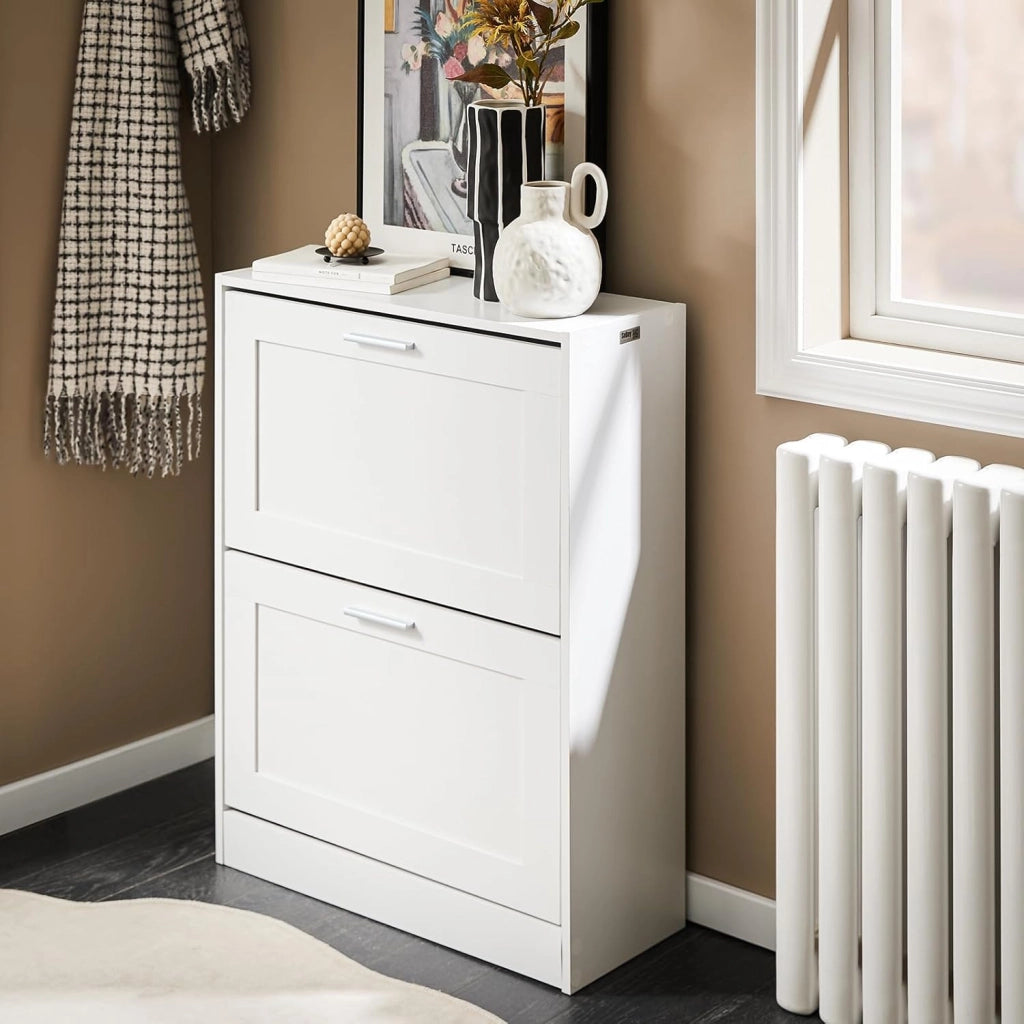 Scarpiera Salvaspazio Slim Scarpiera Ingresso a 2 Ribalte - Design Compatto Moderno + Capacità 12 Paia + Adatta a Corridoi Stretti - Bianco 60x25x80cm FSR137-W