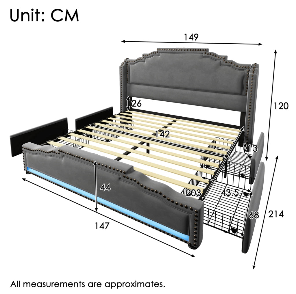 Letto matrimoniale 140x200 cm in velluto grigio con 4 cassetti; LED e porte USB-Type C