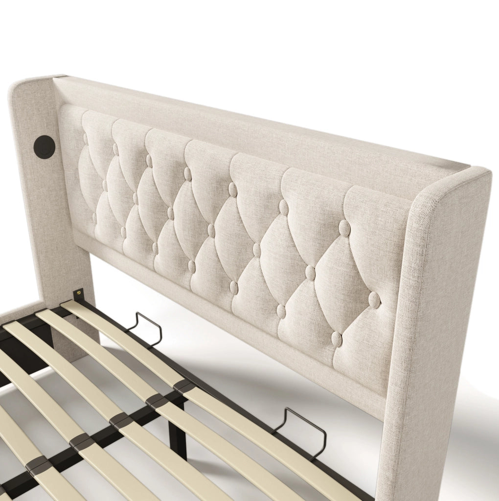Letto matrimoniale imbottito 160x200 cm con contenitore, USB, Type-C e LED a 3 lati