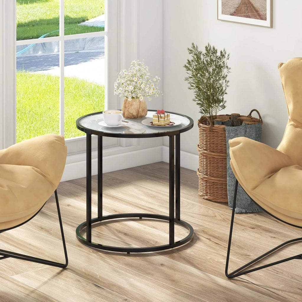 Tavolino da Salotto in Vetro, Tavolino Rotondo con Struttura in Metallo e Piano in Vetro Effetto Marmo, Tavolino da Caffè Moderno per Soggiorno, Camera da Letto e Balcone