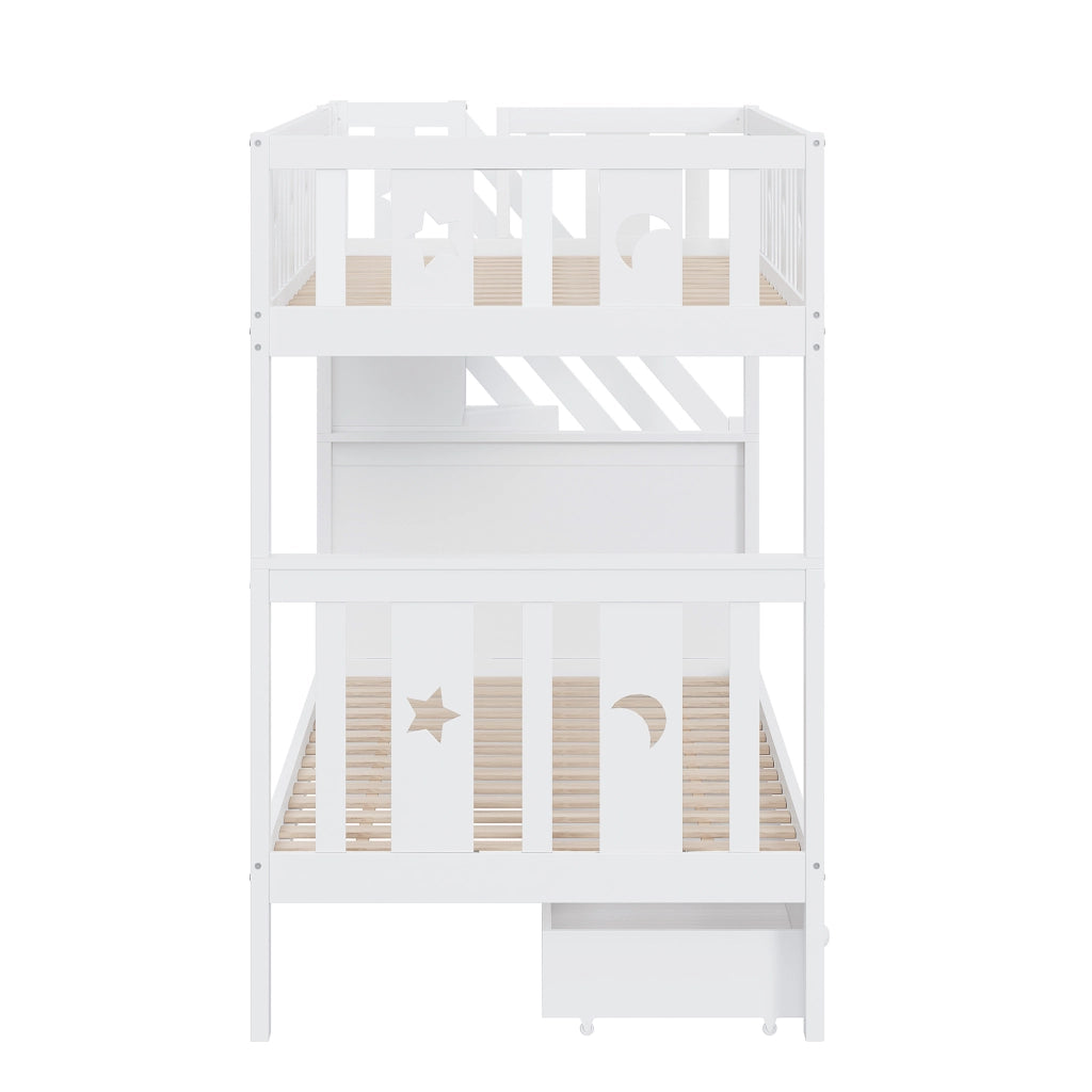 Letto a Castello 2 Posti 90x200 cm e 90x200 cm; Scala Contenitore; Cassetti - Bianco