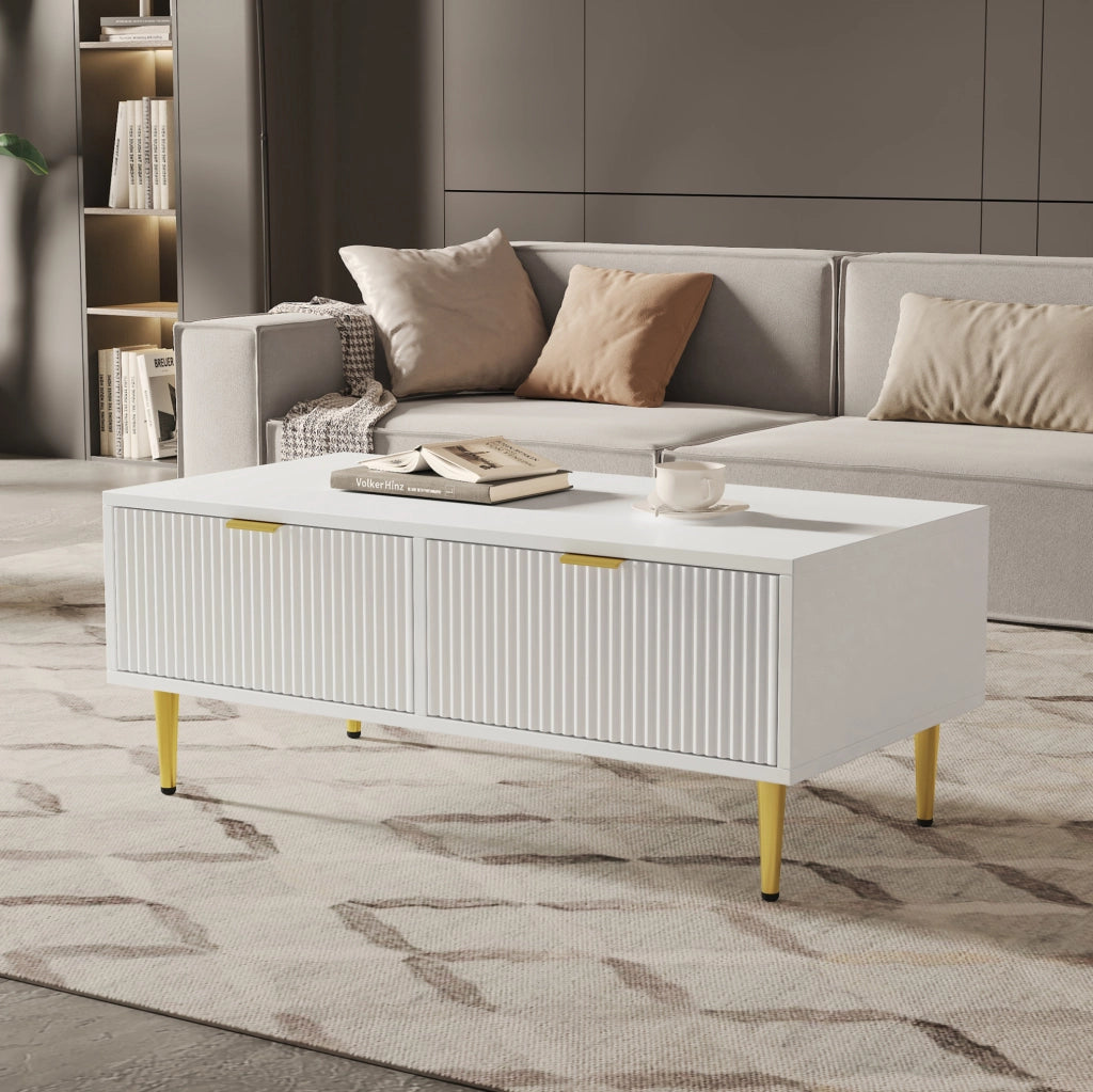 Tavolino da caffè bianco e oro con 2 cassetti; ripiano inferiore; MDF; 100x50x40 cm