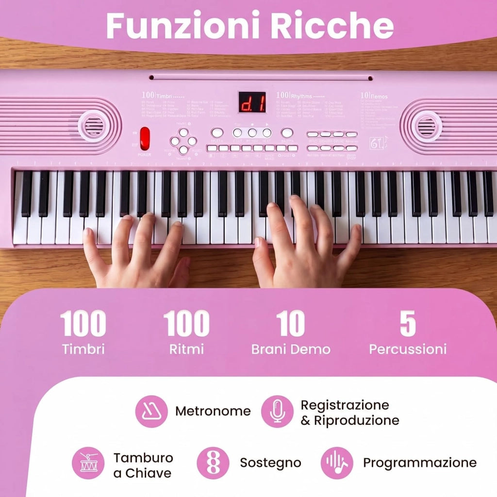 Pianoforte Digitale a 61 Tasti, Pianoforte Elettronica con Supporto, Microfono, Pianoforte Portatile con Adesivi per Tasti e Borsa da Trasporto, per Bambini e Adulti (Rosa)