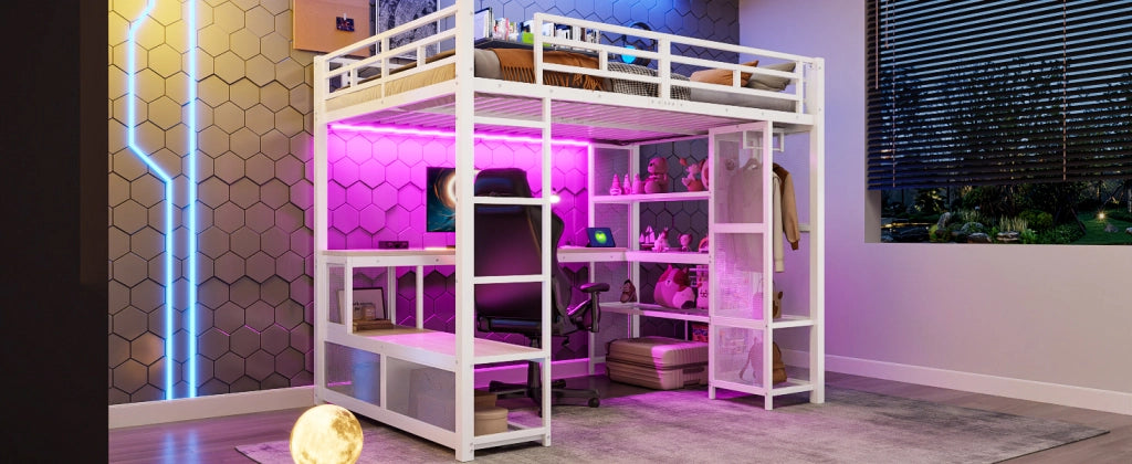 Letto a soppalco 140 × 200 cm con scrivania, ripiani, armadio aperto e LED, senza materasso, bianco