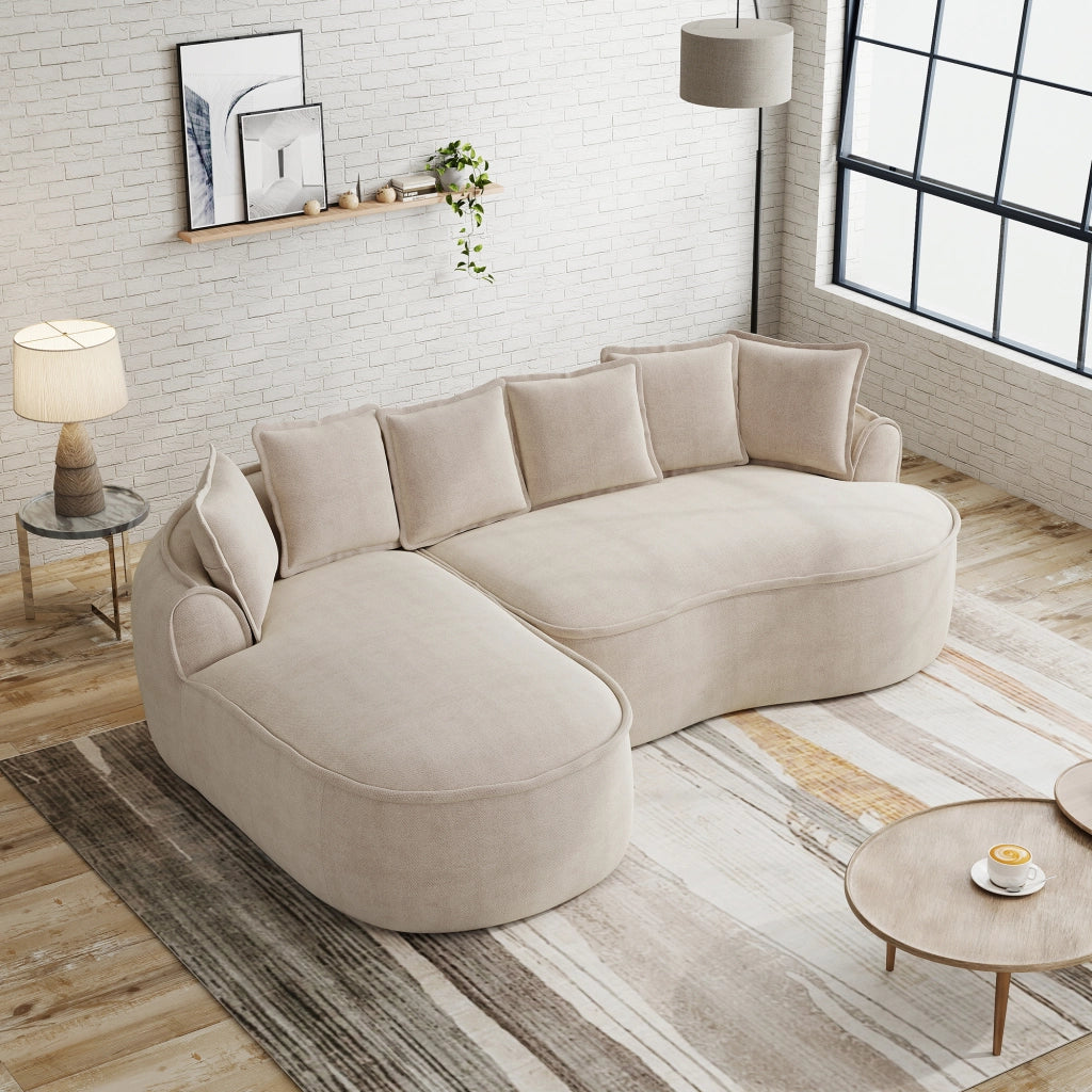 Divano Angolare Modulare con Chaise Longue ¨C Xylo ¨C Chenille Beige Chiaro, Cuscini, Braccioli