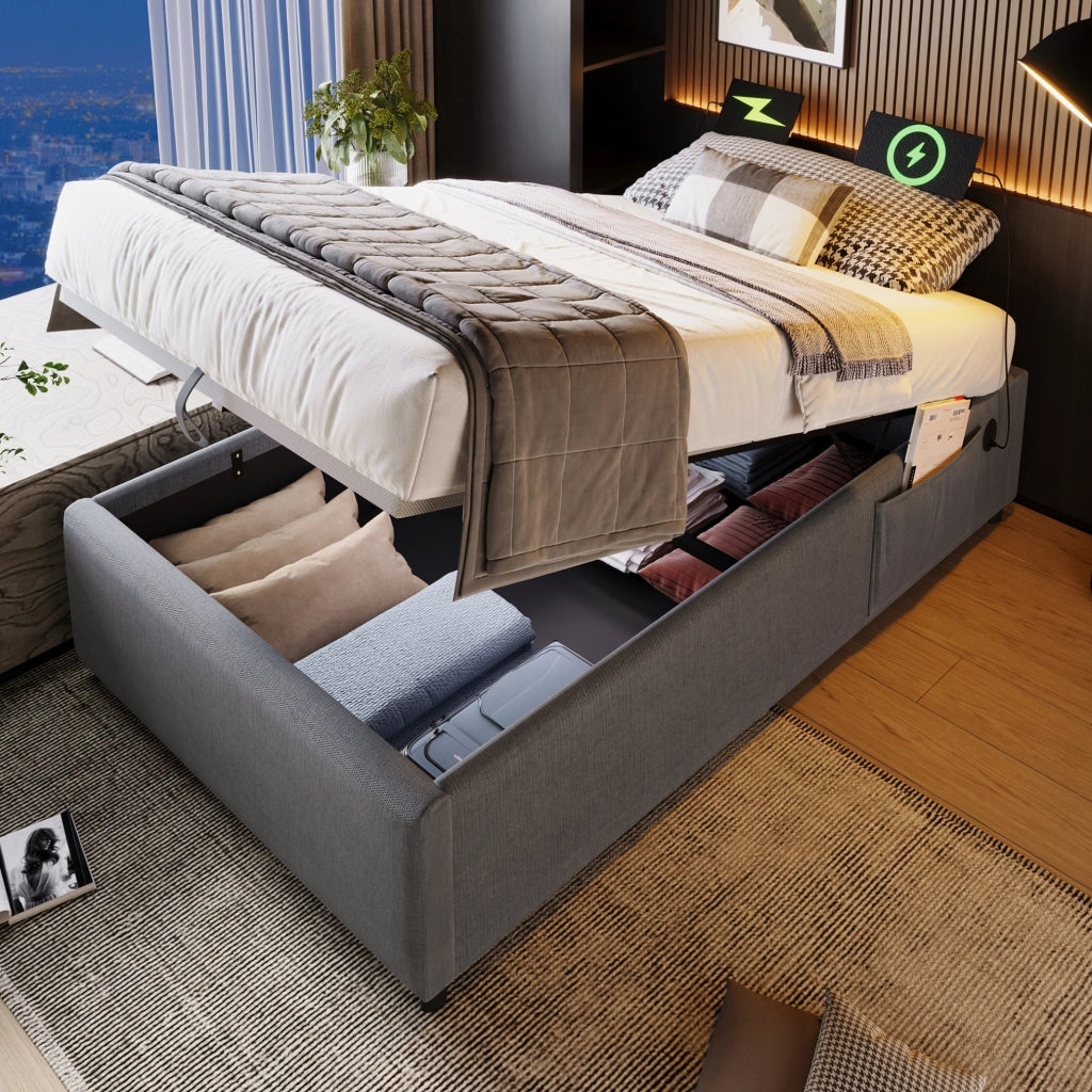 Letto contenitore singolo 90x200 cm con USB e USB C; cotone e lino grigio