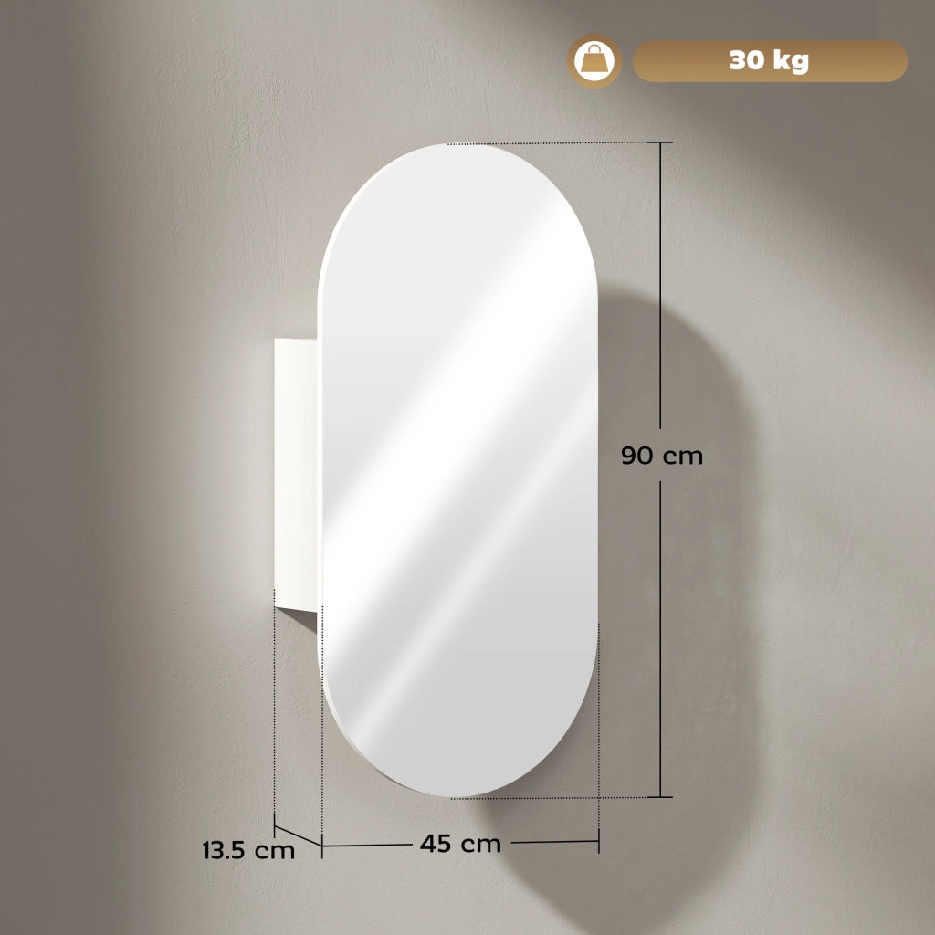 Specchio Bagno Ovale Moderno con Armadietto e Due Ripiani, 45x90 cm, Bianco