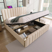 Letto matrimoniale con contenitore idraulico 140x190 cm; USB e Type-C; lino beige