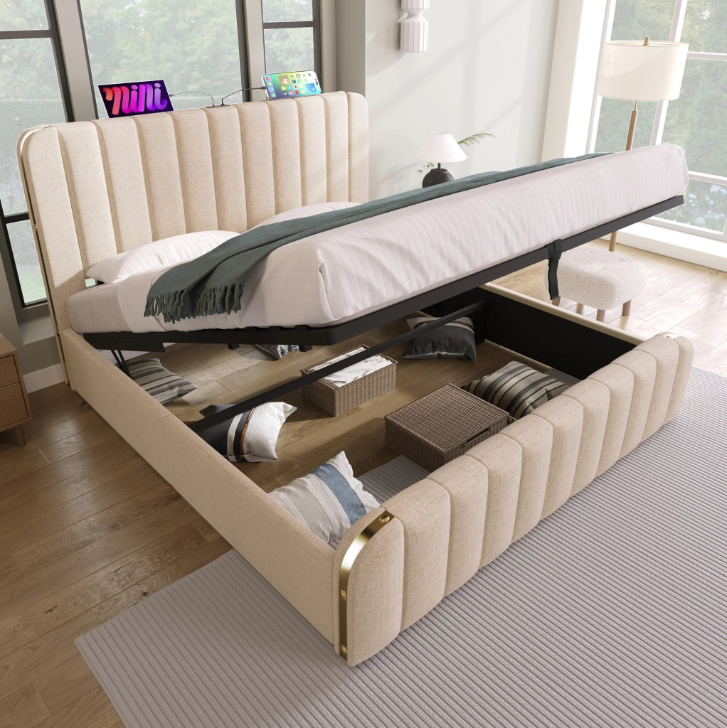 Letto matrimoniale con contenitore idraulico 140x190 cm; USB e Type-C; lino beige