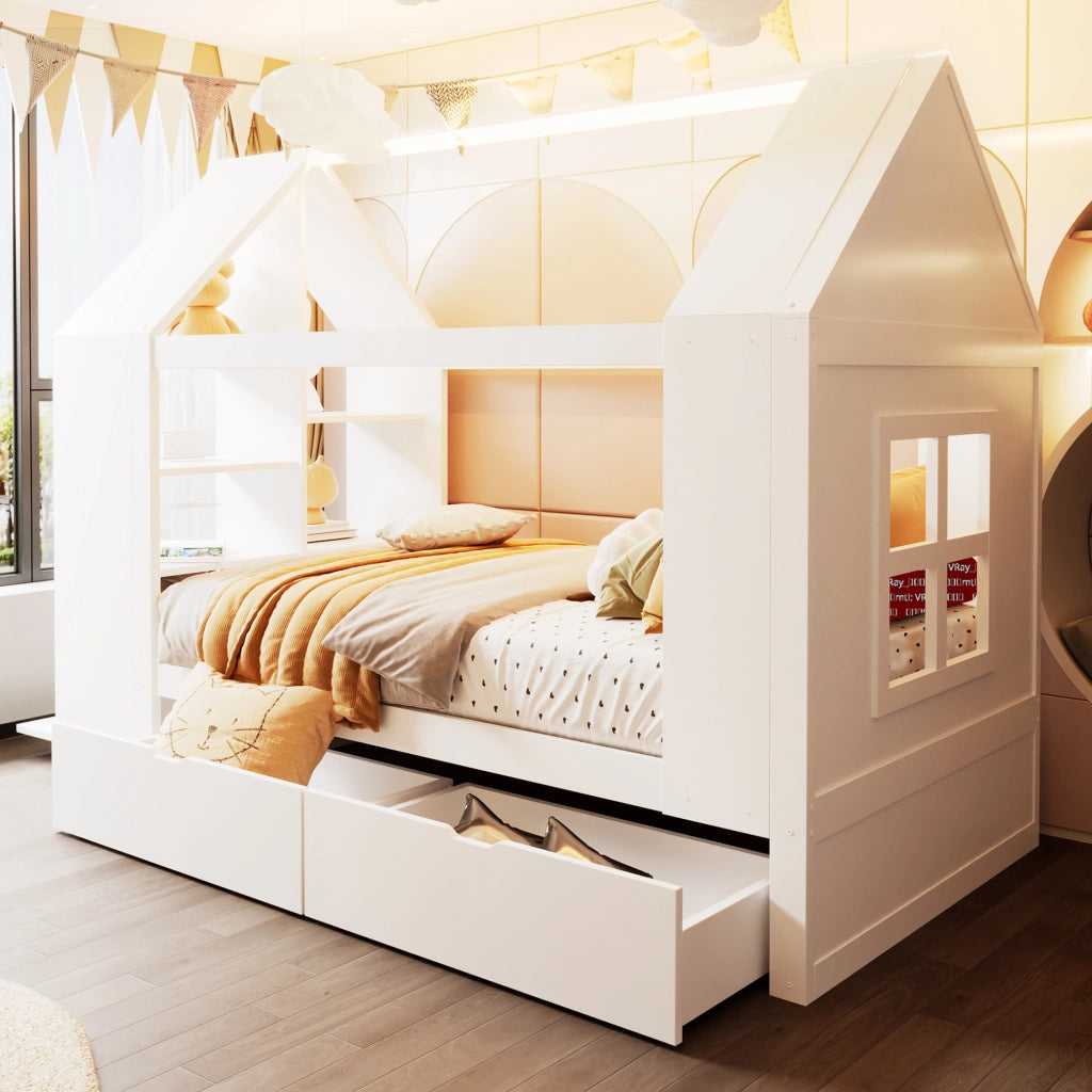 Letto per bambini 90 × 200 cm a casetta con 2 cassetti, LED, ripiani, senza materasso, in legno, bianco
