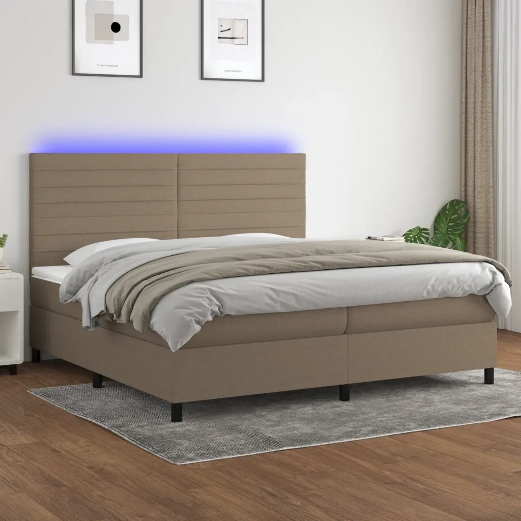 Letto a Molle Materasso e LED tortora 200x200cm in Tessuto