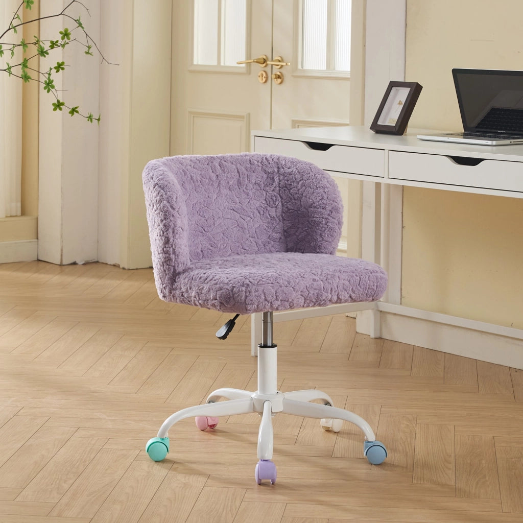 Sedia da ufficio in pelliccia sintetica con altezza regolabile, girevole a 360° e ruote silenziose viola