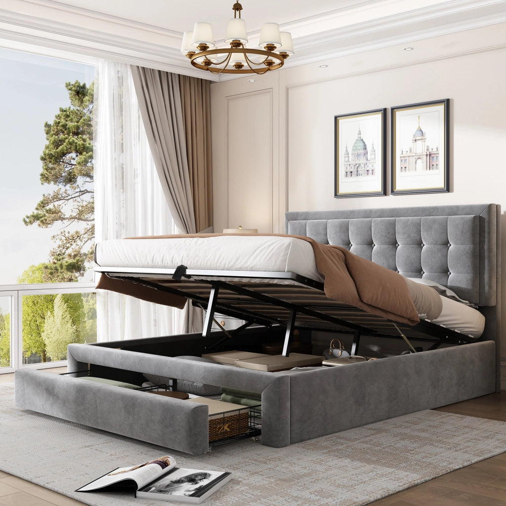 Letto imbottito 140x190 cm in velluto grigio con testiera regolabile e contenitore