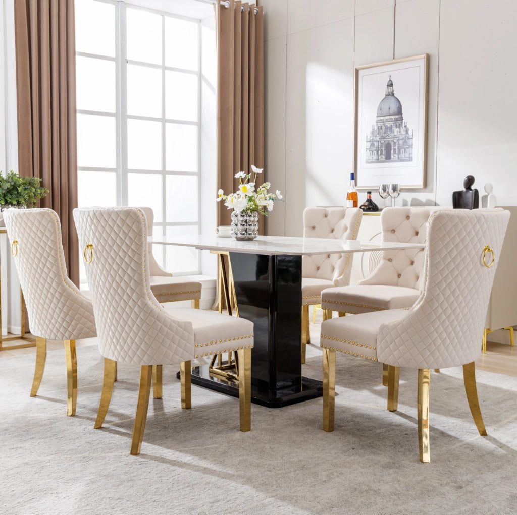Sedia da pranzo imbottita in velluto beige e metallo dorato