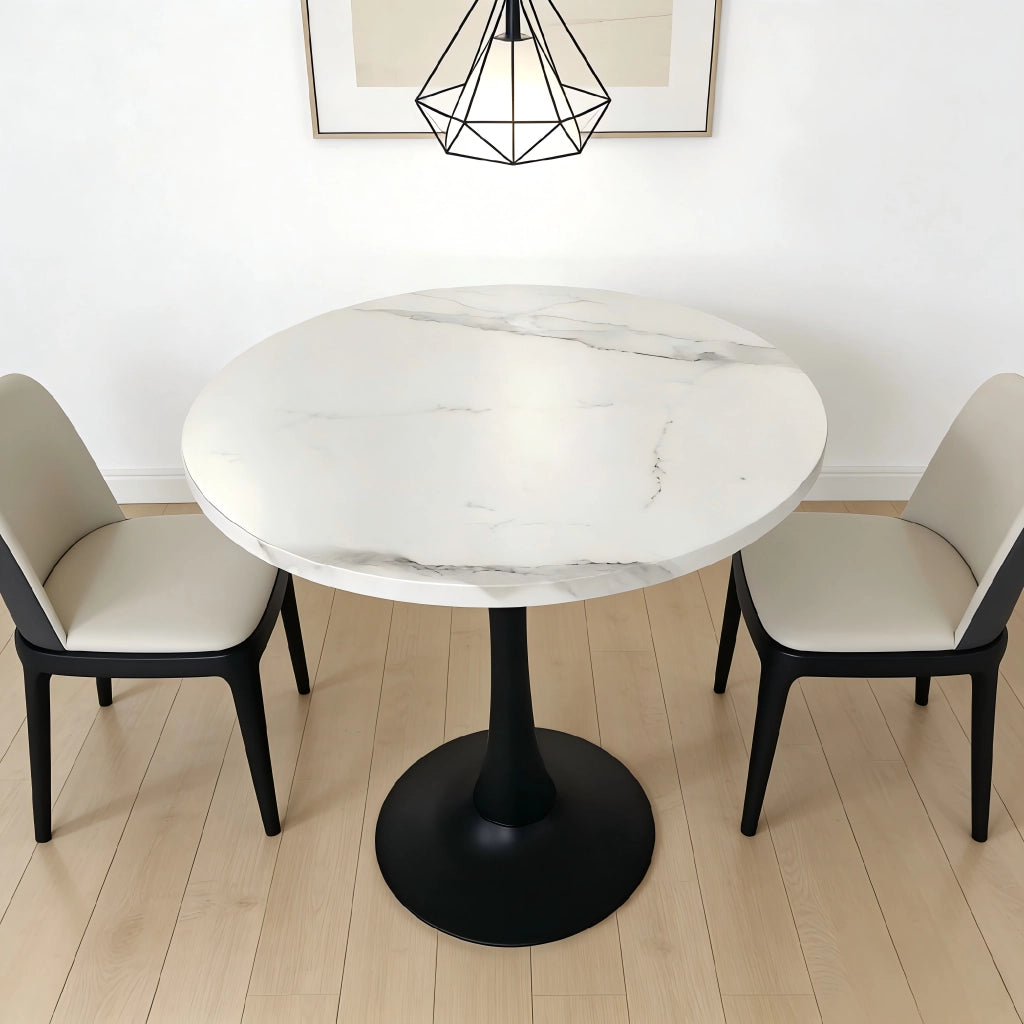 Tavolo da pranzo rotondo moderno per 2-4 persone con base centrale, in MDF e metallo, bianco e nero, diametro 80 cm