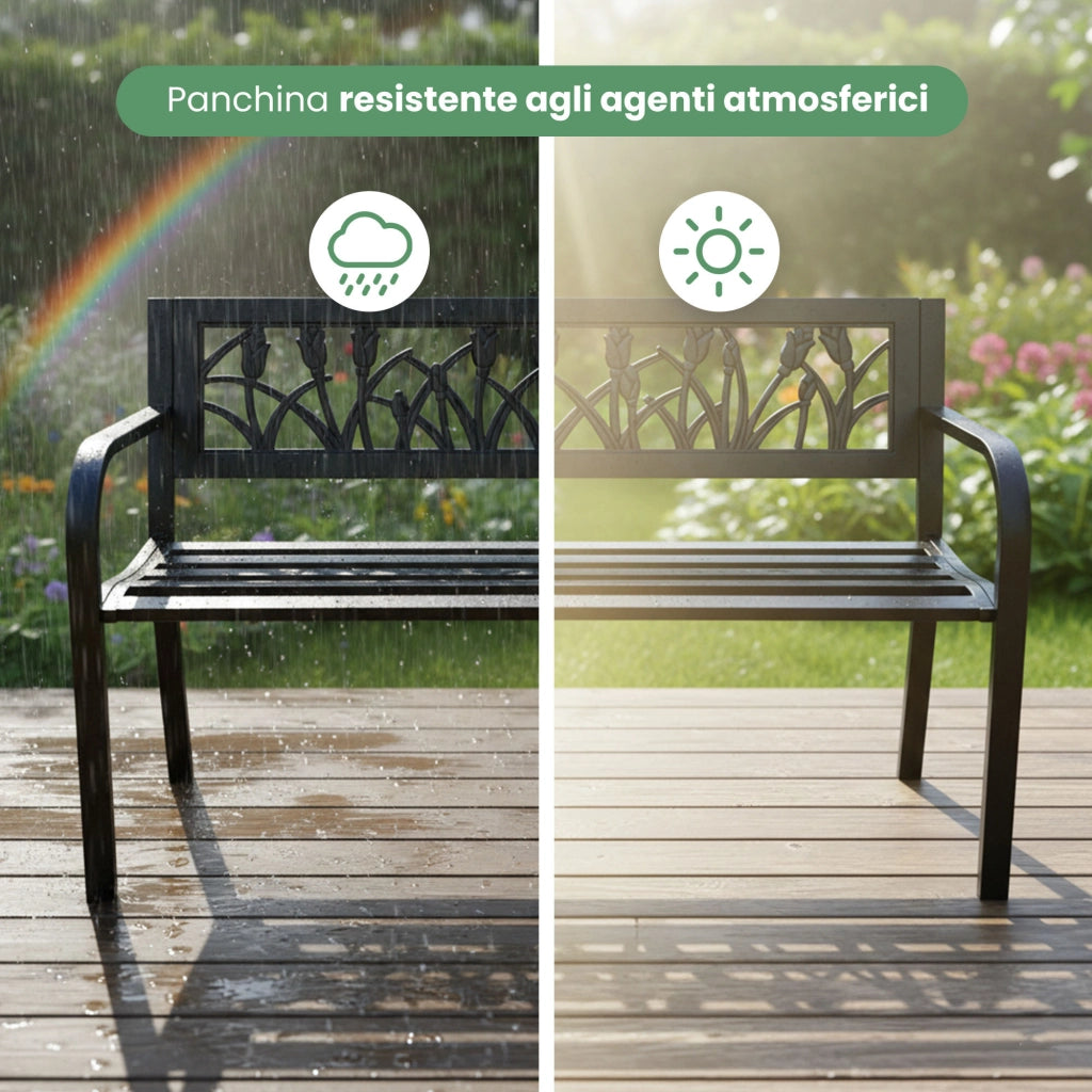 Panchina da giardino nera LISSA con gambe in acciaio larghezza 124 cm