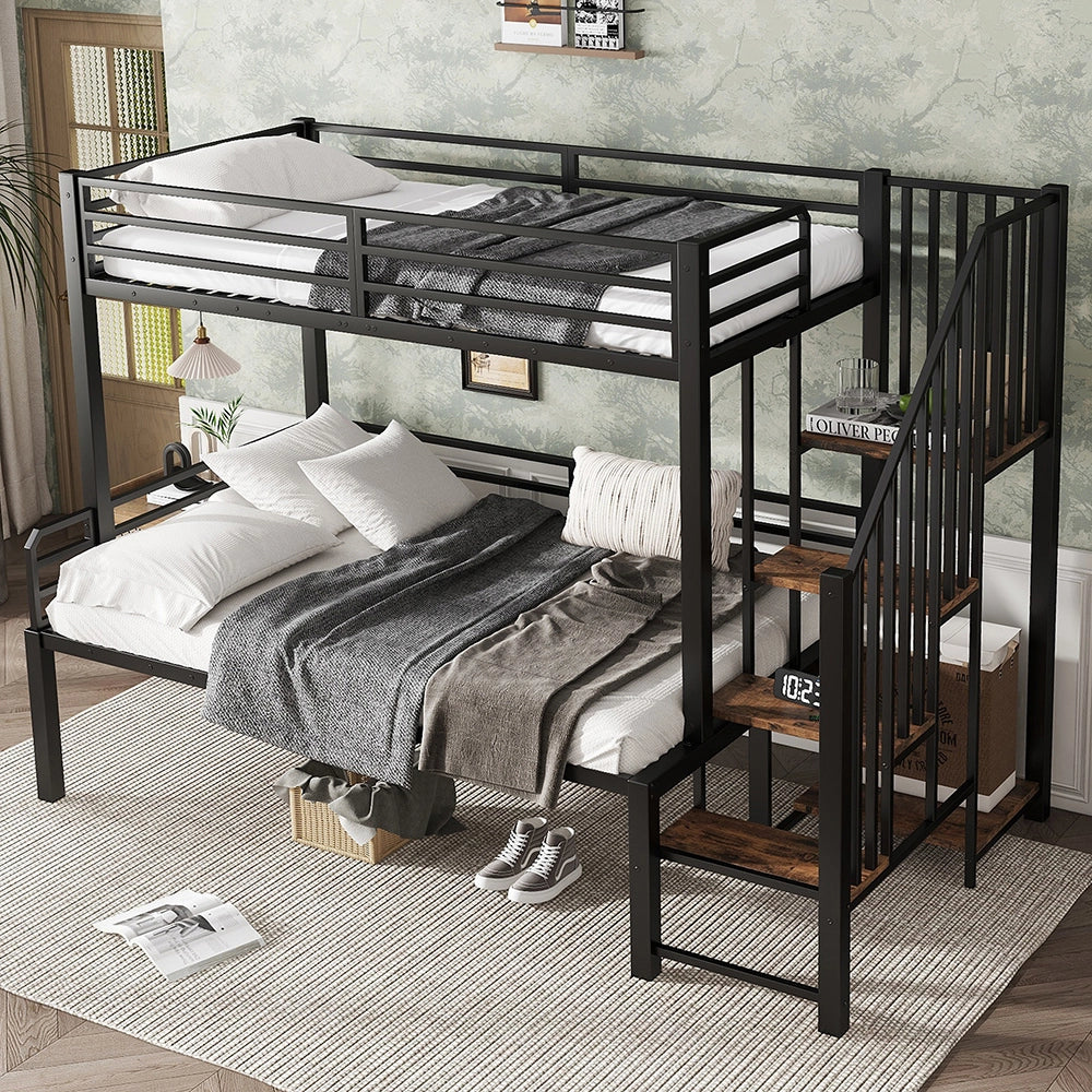 Letto a Castello Ferro – Xylo – 90x200 e 120x200cm, Scala Angolare con Ripostiglio, Nero/Legno Vintage