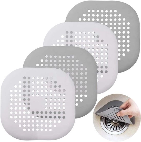Pacco da 4 protettori di scarico in silicone con morsetto - gootsteenzeef e seta - copertura di scarico per vasca da bagno per cucina e bagno - bianco e grigio