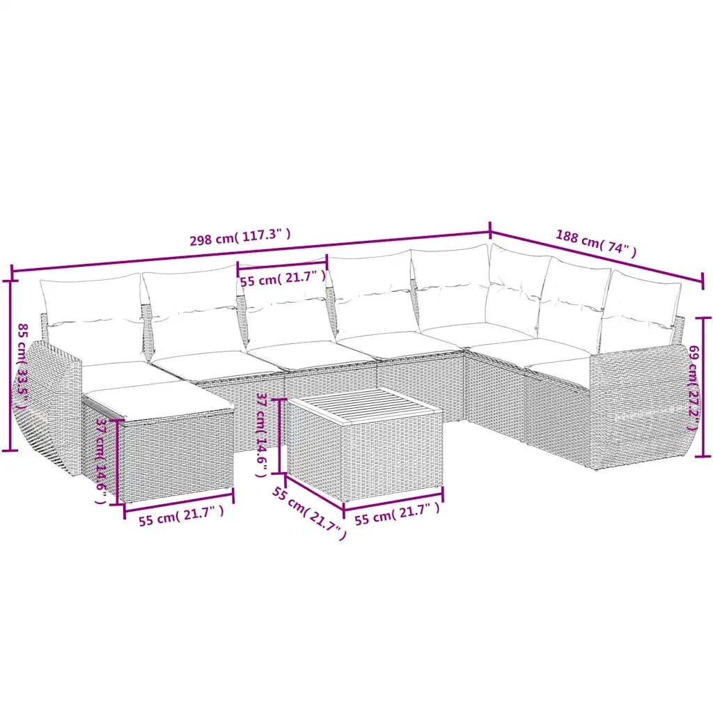 Set Divani da Giardino 9 pz con Cuscini Grigio in Polyrattan 3225144