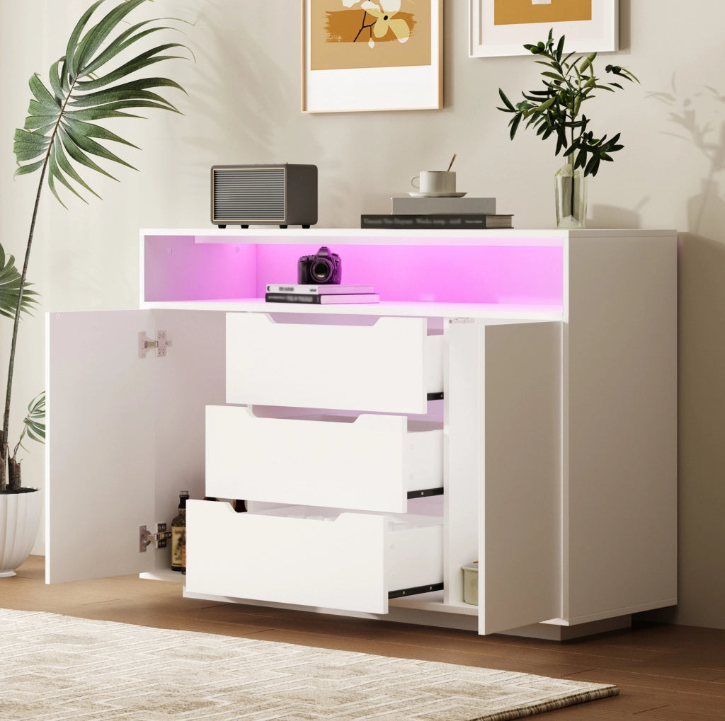 Madia bianca 120x40x85 cm con ripiano aperto; 3 cassetti; ante e luce LED
