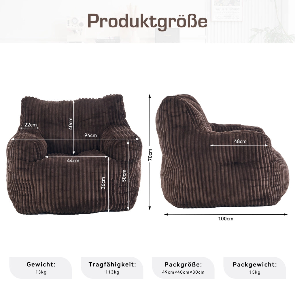 Pouf sacco in corda con imbottitura in schiuma viscoelastica marrone per soggiorno e camera 100 × 94 × 70 cm