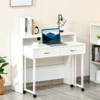 Tavolo Scrivania Salvaspazio per Camera e Ufficio, Scrivania con Cassetti e Ruote, Postazione di Lavoro Doppia o Singola, 100x36x88cm, Bianco