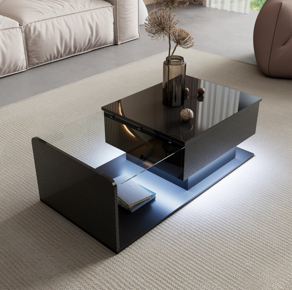 Tavolino da caffè sollevabile 100 x 50 x 33/47,5 cm nero lucido, LED, vetro e pannelli