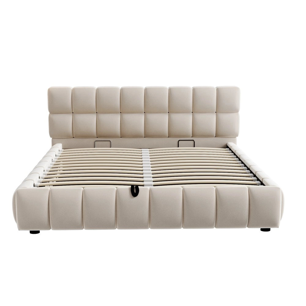 Letto Matrimoniale Imbottito Contenitore ¨C MINIMAL ¨C Velluto Beige 140x190 cm Idraulico