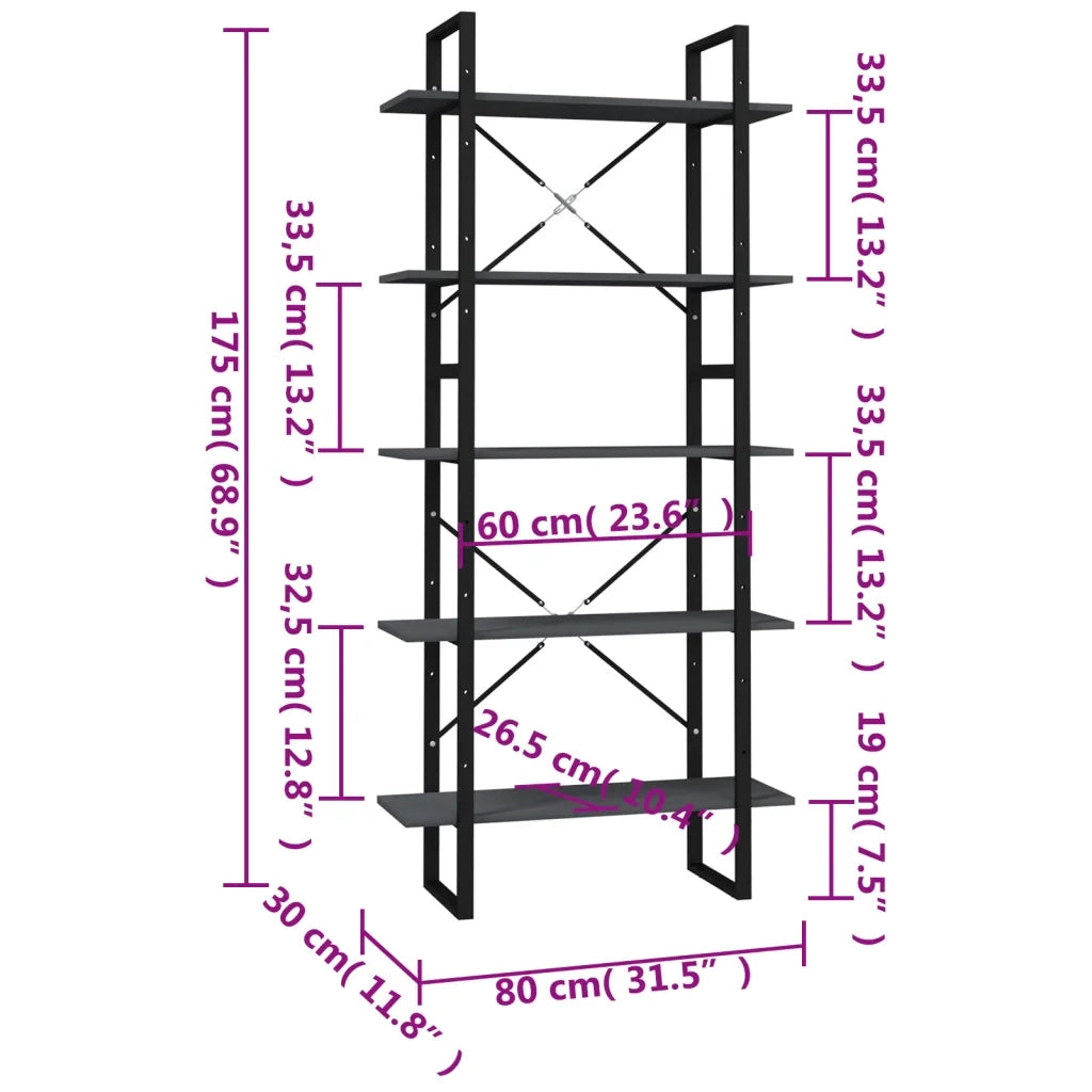 Libreria a 5 Ripiani-Scaffale per Libri-Mobile di Stoccaggio Grigia 80x30x175 cm in Legno di Pino