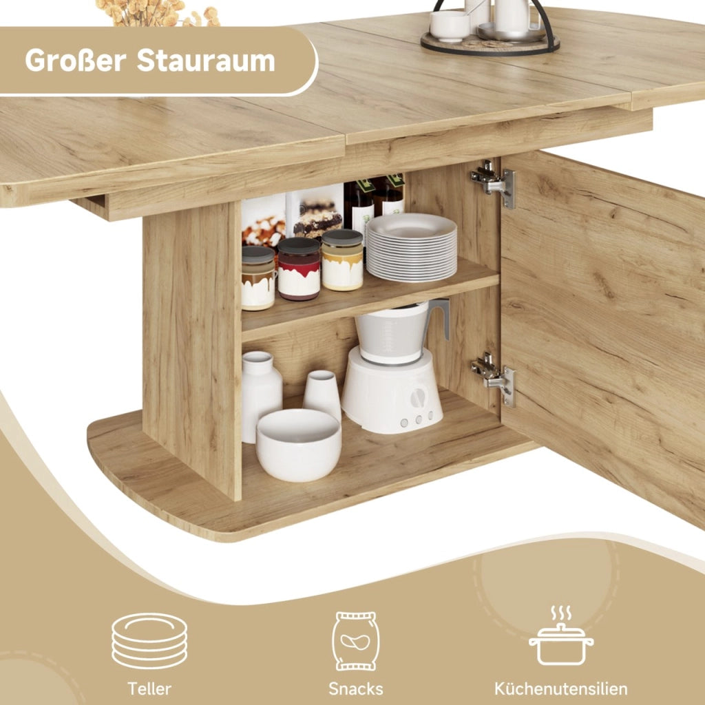 Tavolo da pranzo allungabile ovale con vani contenitore, multifunzione, per cucina e soggiorno, in truciolare, rovere