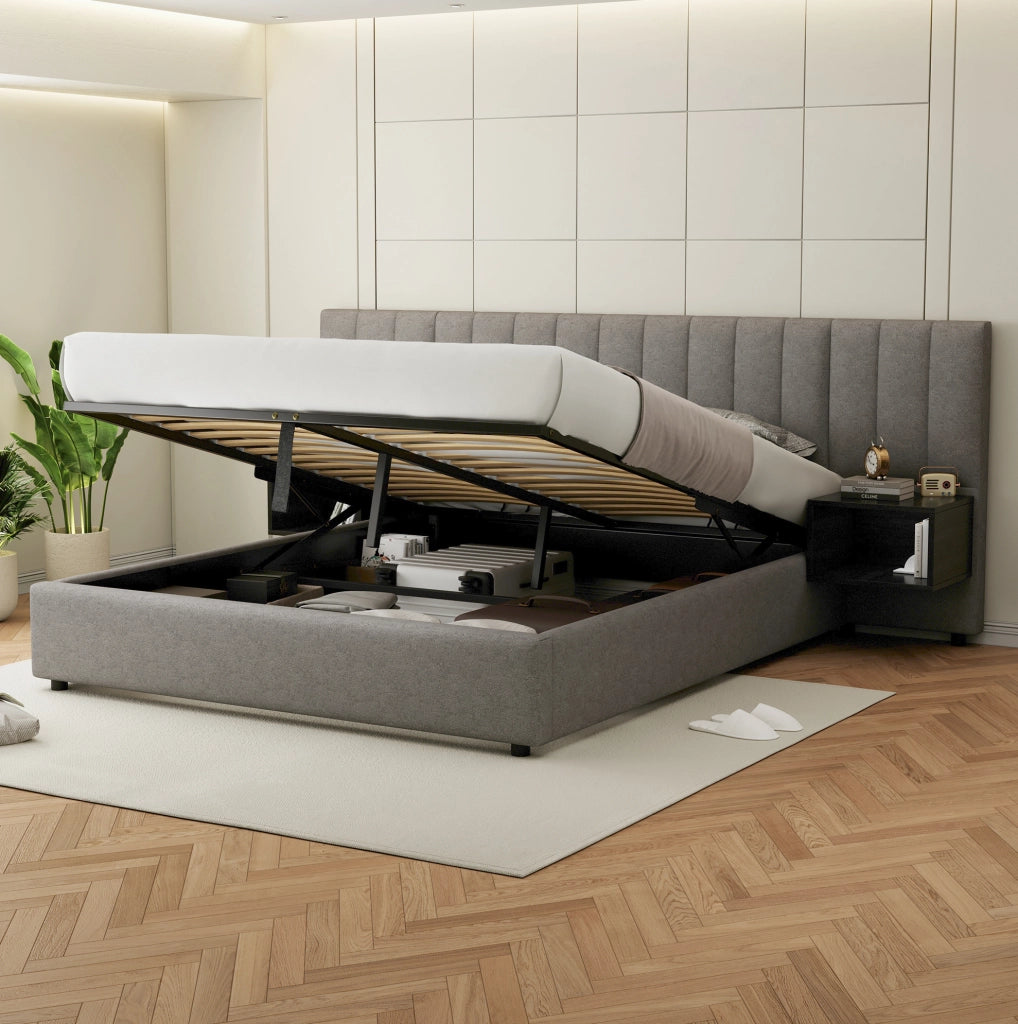 Letto 160x200 cm con contenitore ad apertura idraulica e 2 comodini; lino grigio e nero