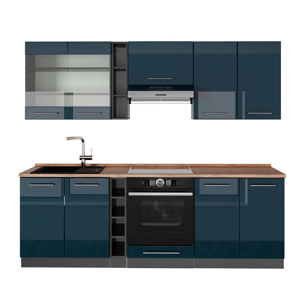 Cucina componibile Fame-Line Blu scuro lucido/Antracite 235 cm, PL Rovere Vicco