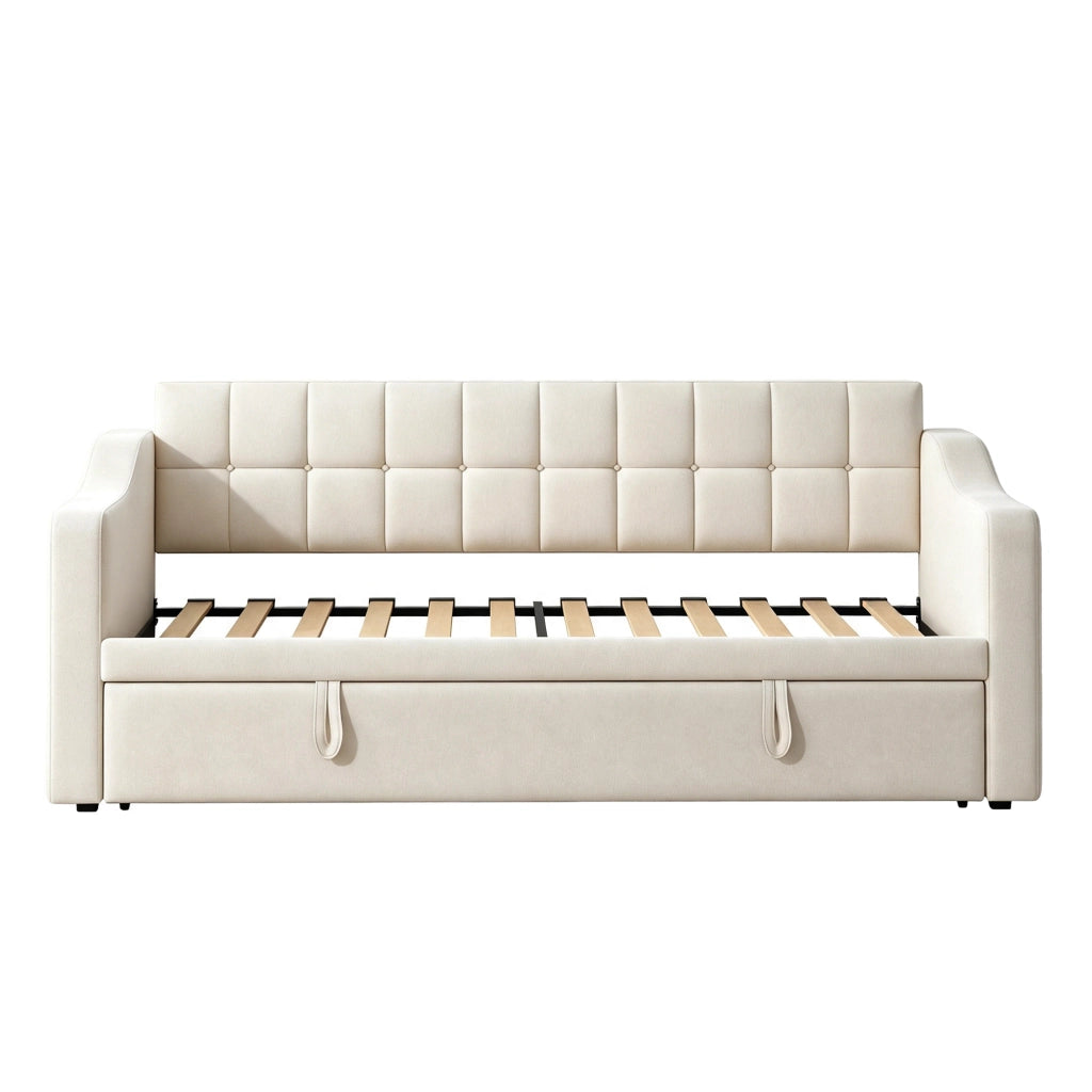 Letto divano estensibile 2 in 1 90x190/180x190 cm imbottito con USB e presa elettrica; velluto beige