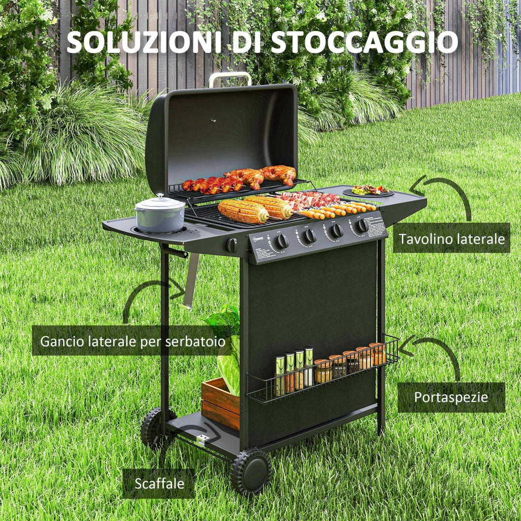 Barbecue a Gas con 4+1 Bruciatori Indipendenti 121x54x97 cm Coperchio con Termometro Nero