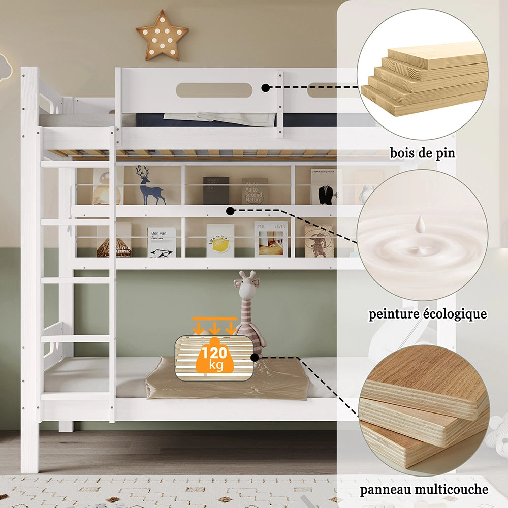 Letto a Castello Bambini – Xylo – 90x200cm, Barriera Sicurezza, Scaffale Aperto, Scala 5 Gradini, Grande Ripostiglio