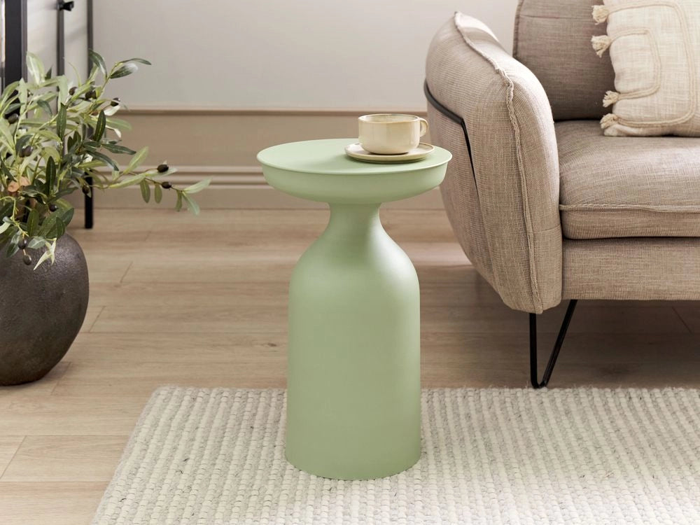 Tavolino moderno in metallo verde di forma rotonda con finitura opaca verniciato a polvere soggiorno salotto camera da letto